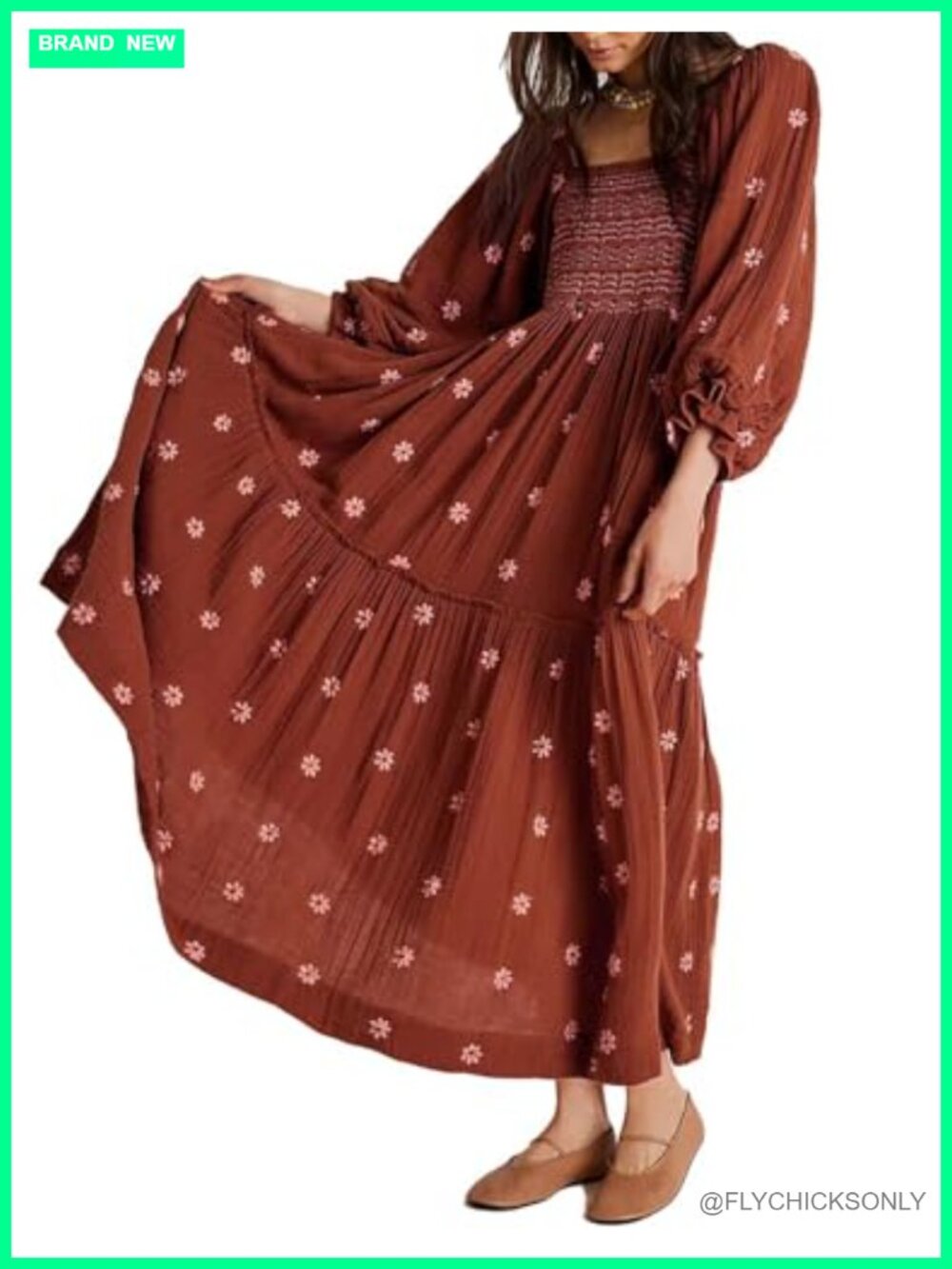 Women Boho Floral Maxi Dress Square Neck Puff Sleeve Embroidered Long Sleeve